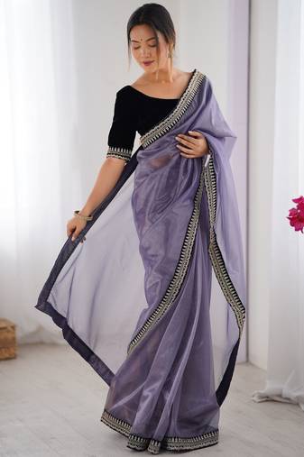 Women net grey zari lace work saree