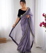 Women net grey zari lace work saree