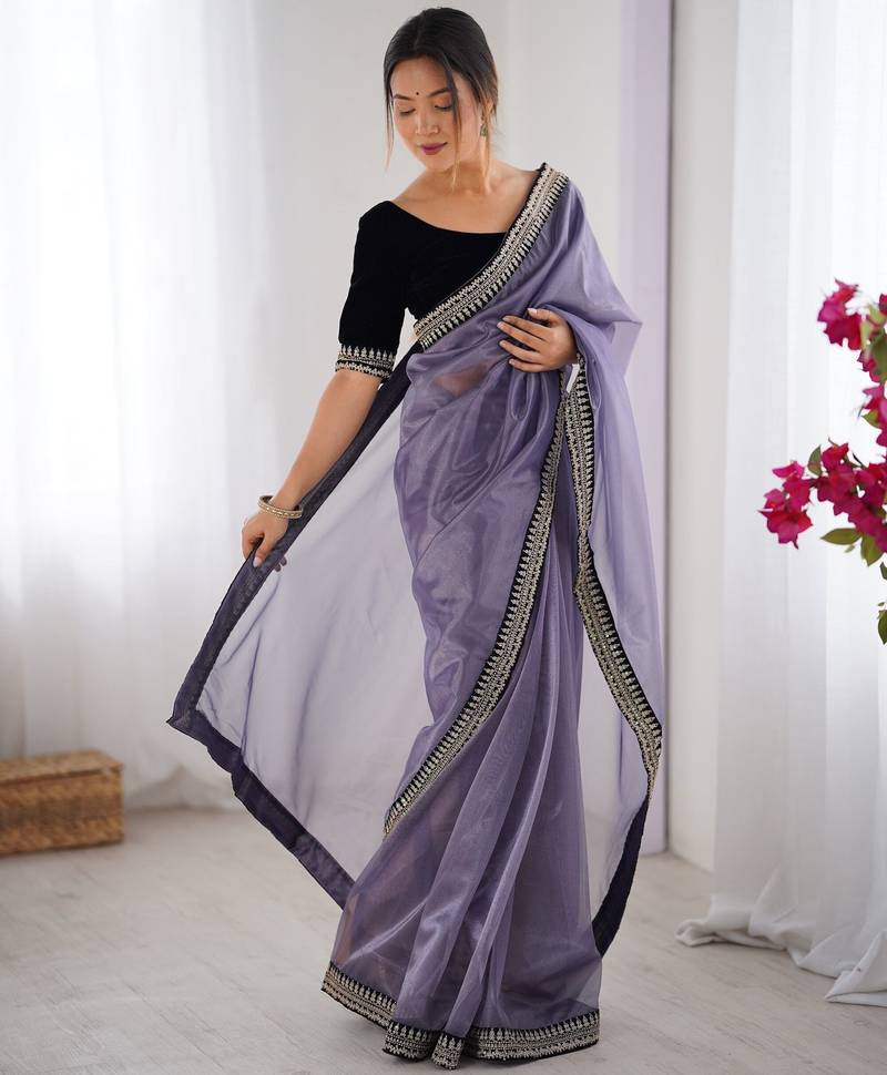 Women net grey zari lace work saree