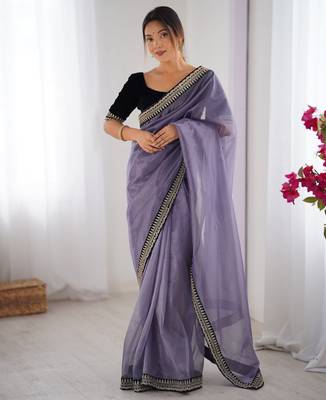 Women net grey zari lace work saree 2