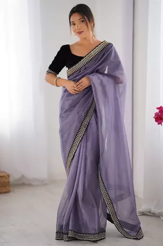 Women net grey zari lace work saree