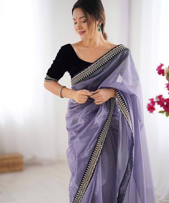 Women net grey zari lace work saree 3