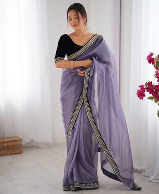 Women net grey zari lace work saree 4