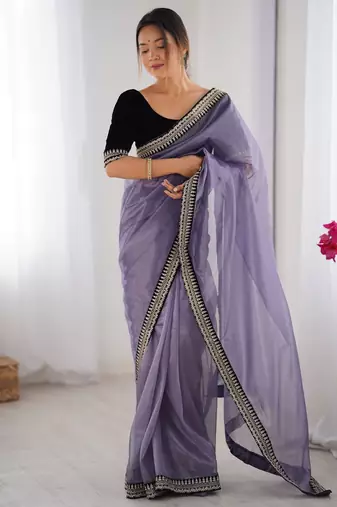 Women net grey zari lace work saree