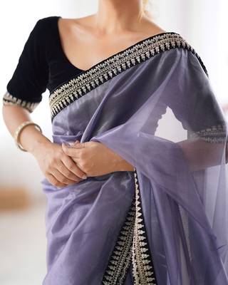 Women net grey zari lace work saree 5