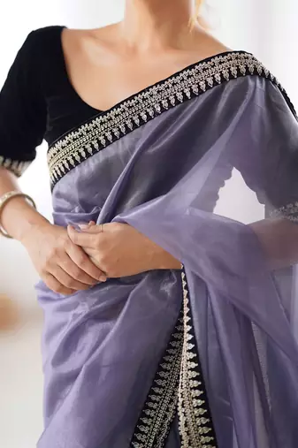 Women net grey zari lace work saree