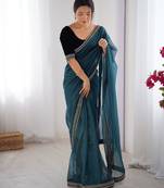 Women net teal zari lace work saree