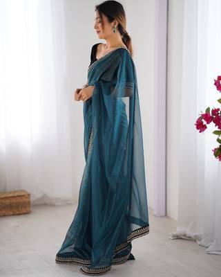 Women net teal zari lace work saree 3