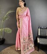 Women baby pink floral ikkat motifs lichi silk blend saree