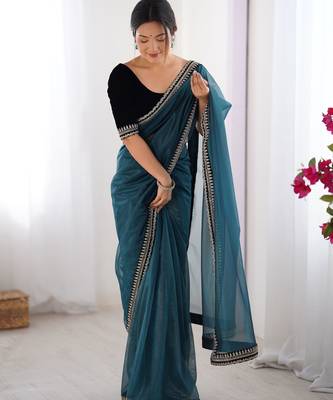 Women net teal zari lace work saree 4