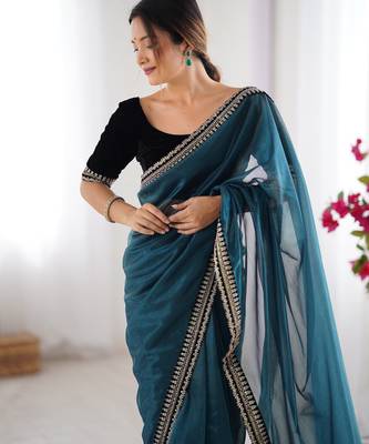 Women net teal zari lace work saree 5