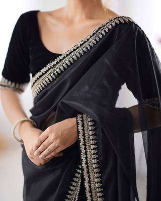 Women net black zari lace work saree 2