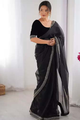 Women net black zari lace work saree