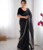 Women net black zari lace work saree