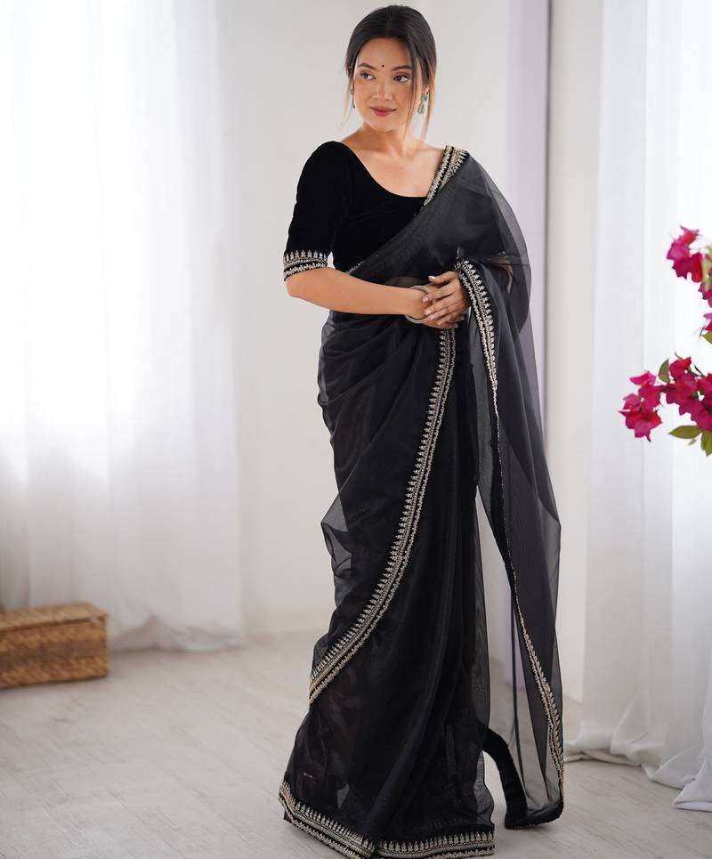 Women net black zari lace work saree