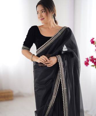 Women net black zari lace work saree 3