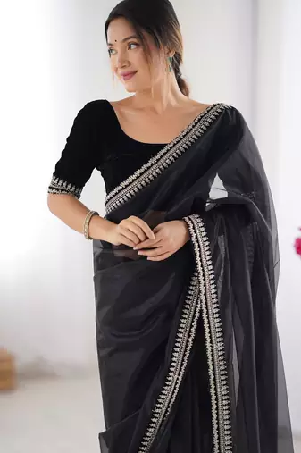 Women net black zari lace work saree