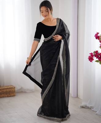 Women net black zari lace work saree 4