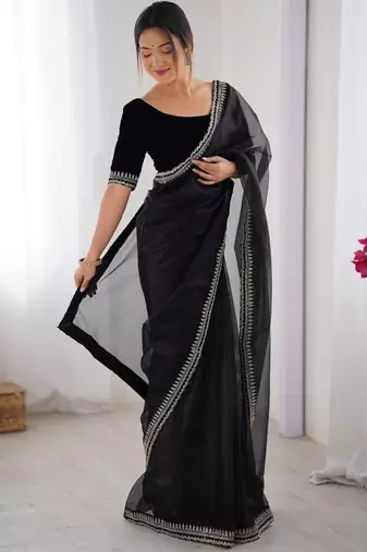 Women net black zari lace work saree