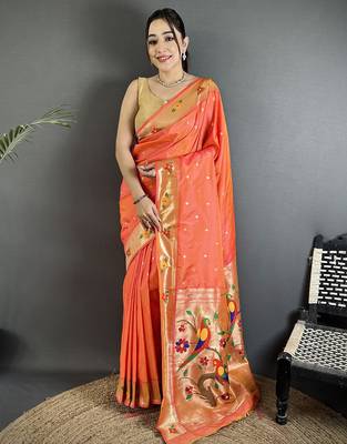 Women orange parrot & floral woven design lichi silk saree 1