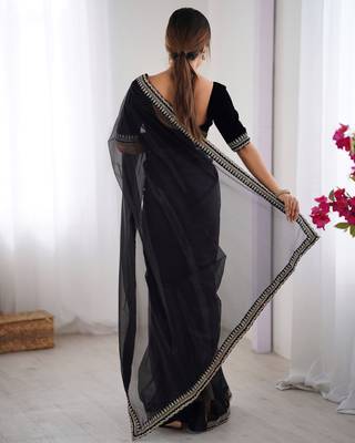 Women net black zari lace work saree 5