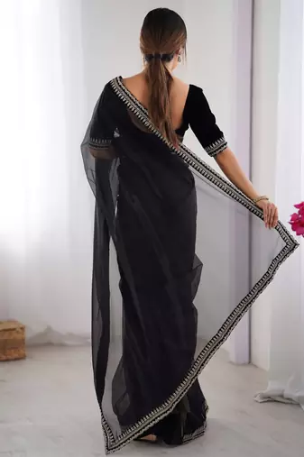Women net black zari lace work saree