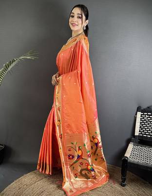 Women orange parrot & floral woven design lichi silk saree 2