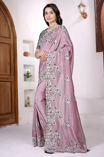 Women net light pink zari lace work saree