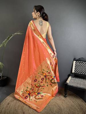 Women orange parrot & floral woven design lichi silk saree 3