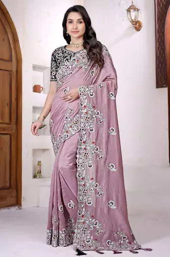Women net light pink zari lace work saree