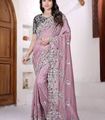 Women net light pink zari lace work saree