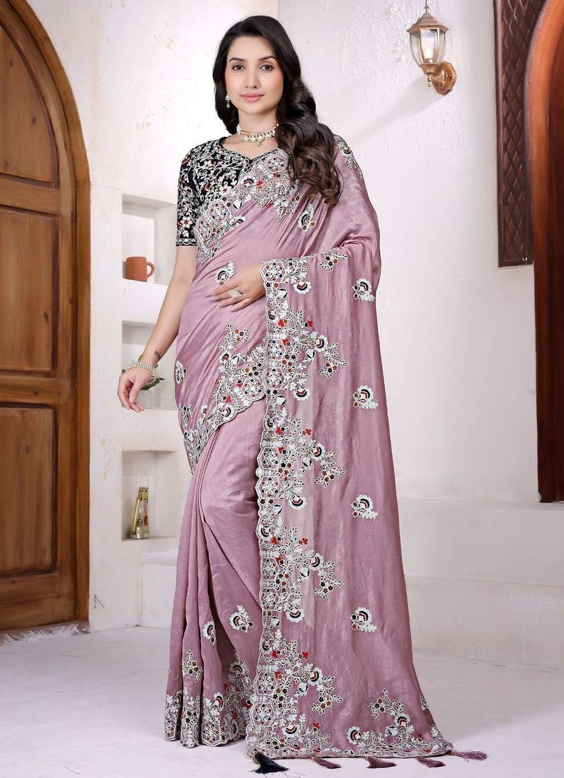 Women net light pink zari lace work saree