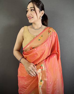 Women orange parrot & floral woven design lichi silk saree 4
