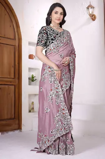 Women net light pink zari lace work saree