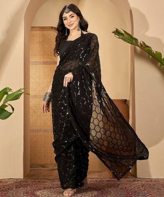 Women gorgette black zari lace work saree 1