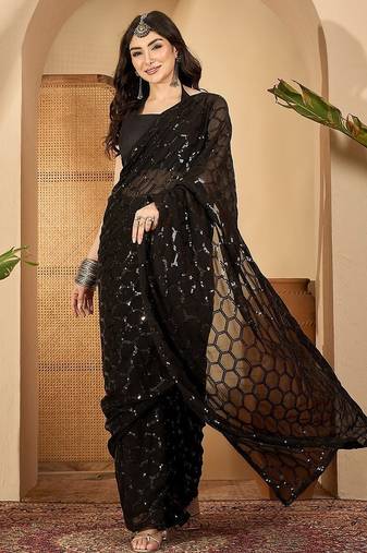 Women gorgette black zari lace work saree