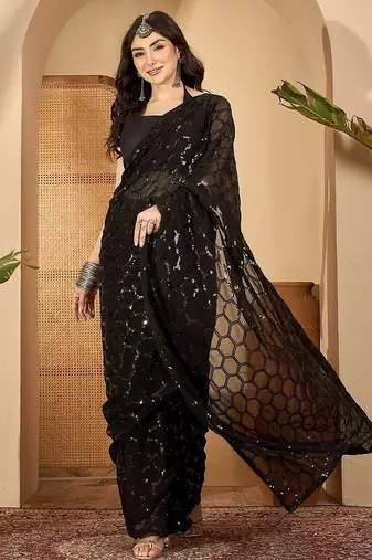 Women gorgette black zari lace work saree