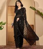 Women gorgette black zari lace work saree
