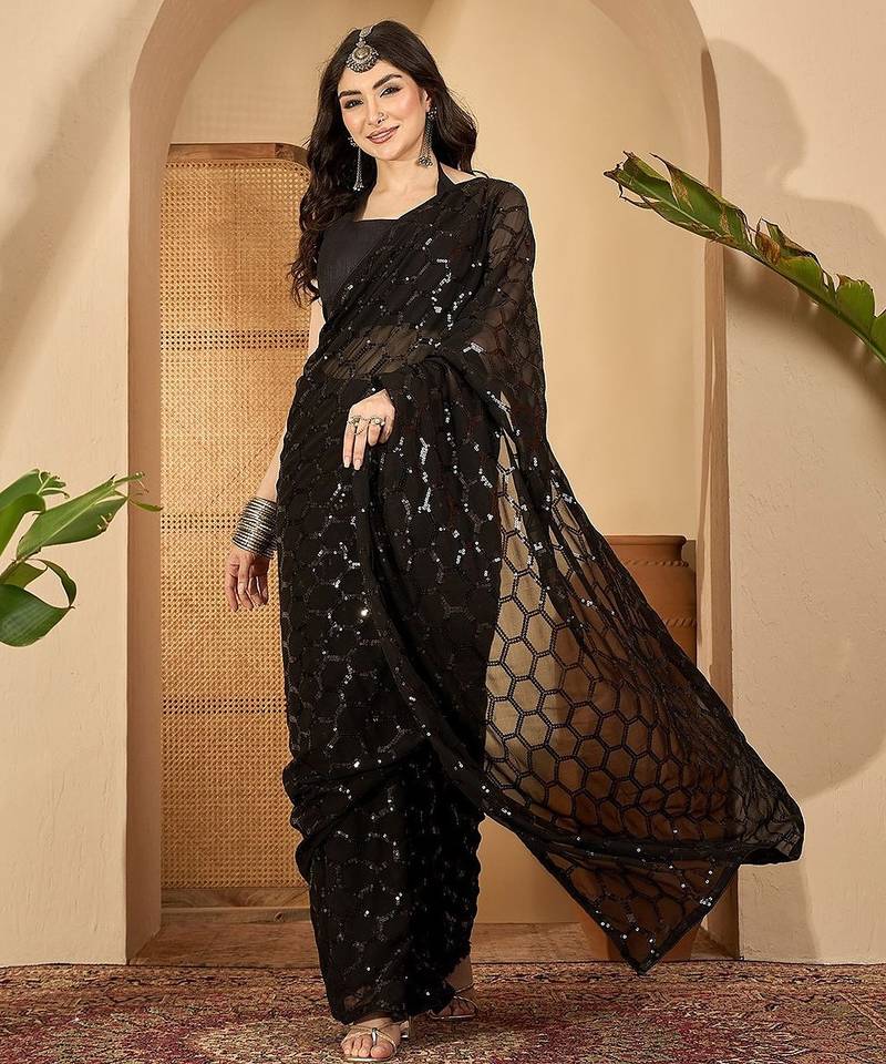 Women gorgette black zari lace work saree