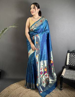 Women teal blue parrot & floral woven design lichi silk saree 1