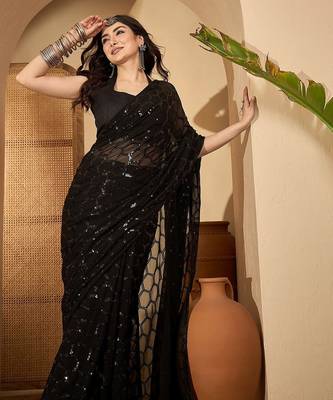 Women gorgette black zari lace work saree 3