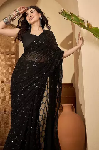 Women gorgette black zari lace work saree