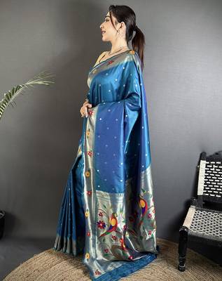 Women teal blue parrot & floral woven design lichi silk saree 2