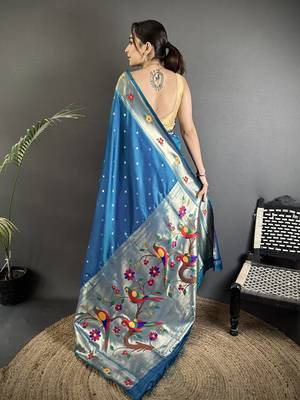 Women teal blue parrot & floral woven design lichi silk saree 3