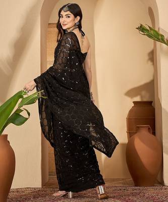 Women gorgette black zari lace work saree 5