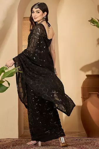 Women gorgette black zari lace work saree