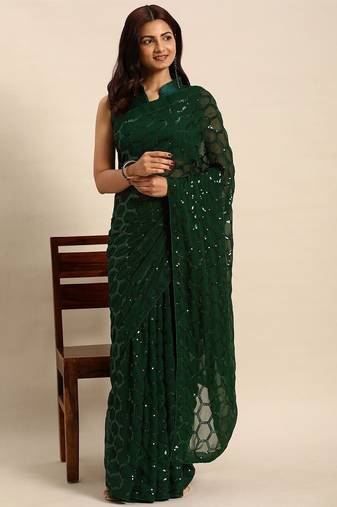 Women gorgette green zari lace work saree