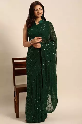 Women gorgette green zari lace work saree