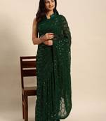 Women gorgette green zari lace work saree
