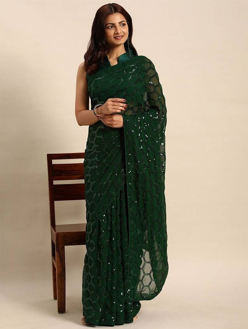 Women gorgette green zari lace work saree